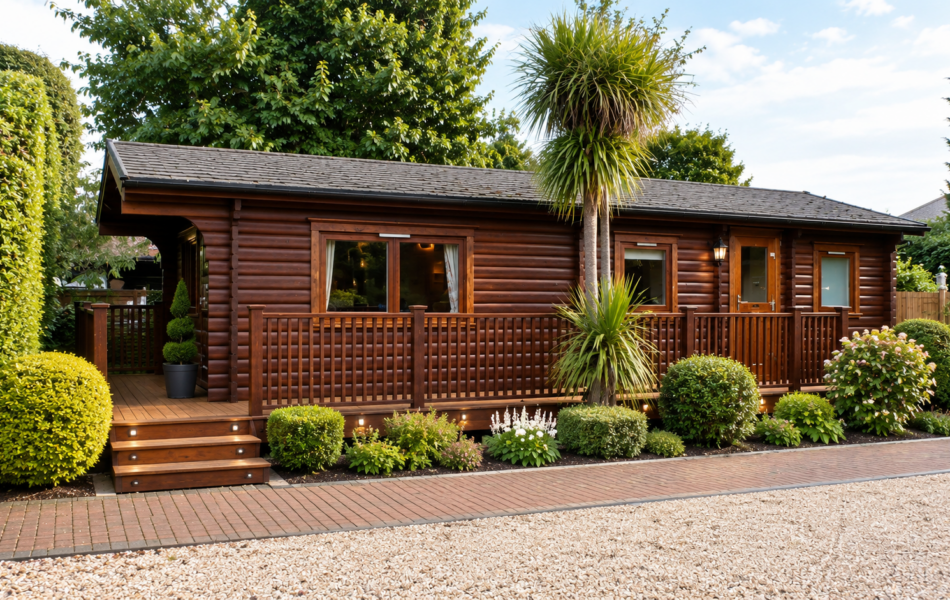 Charming log cabin in lush garden