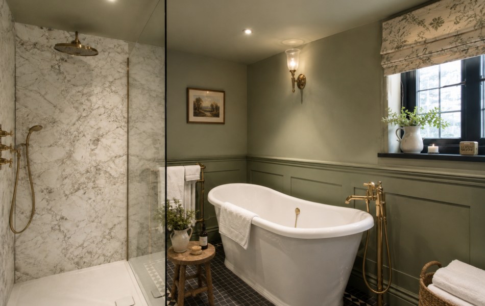 Cozy upscale bathroom with greenery accents